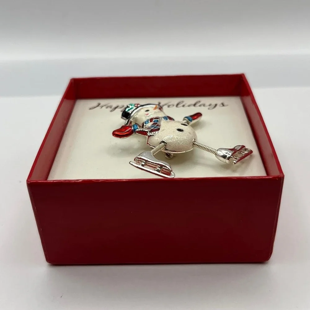 Vintage Sears Christmas Snowman Ice Skater Dangler Pin Brooch Moveable Arms Legs